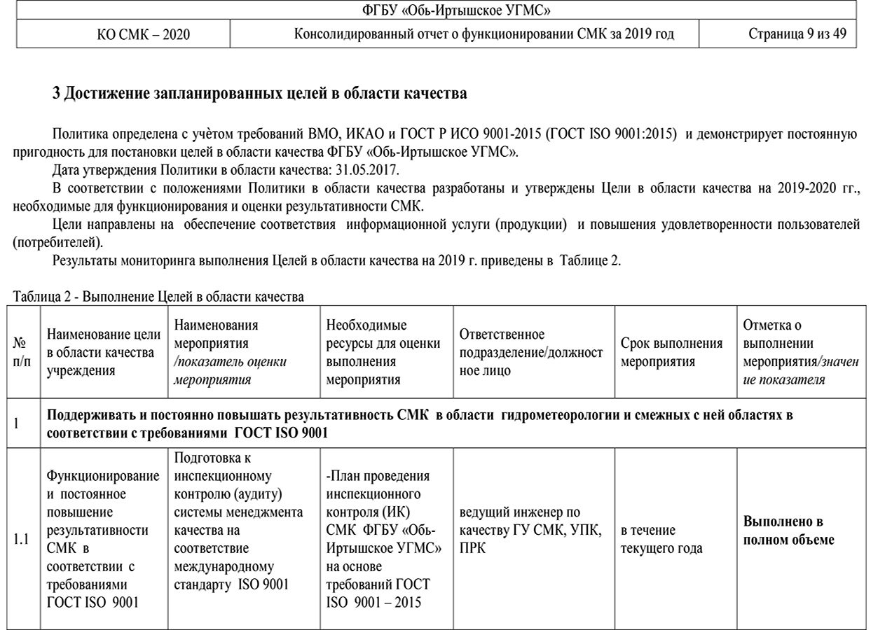 Отчет по смк за год пример